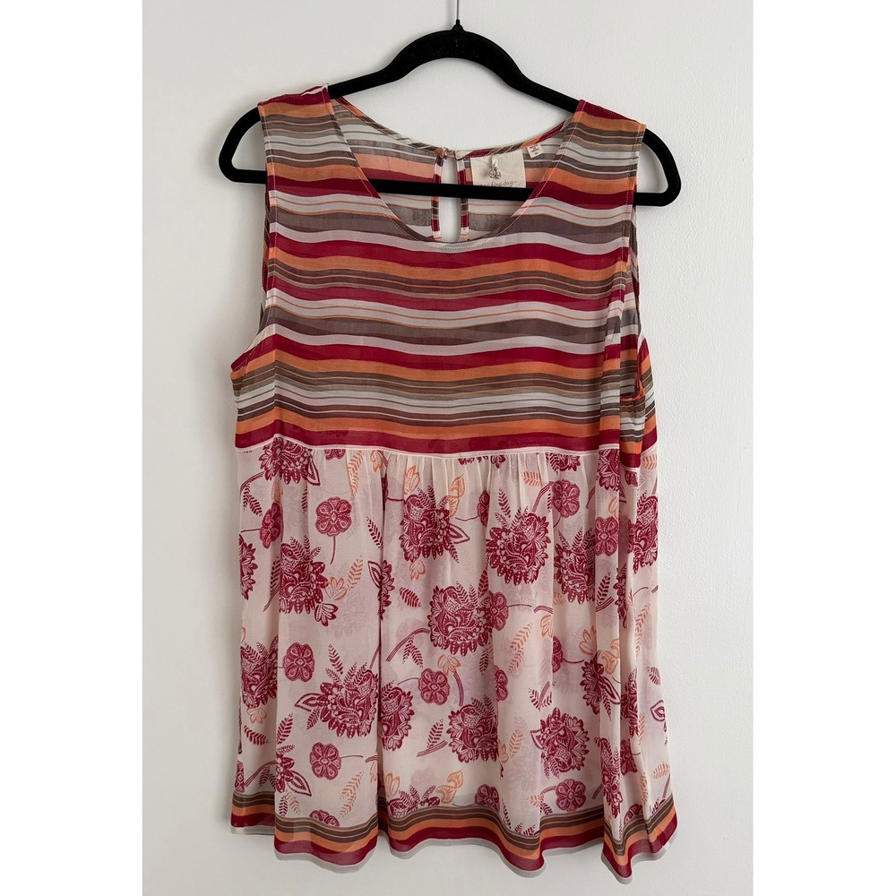 One Fine Day Womens XL Sleeveless Rayon Mixed Print Striped Floral Blouse Orange
